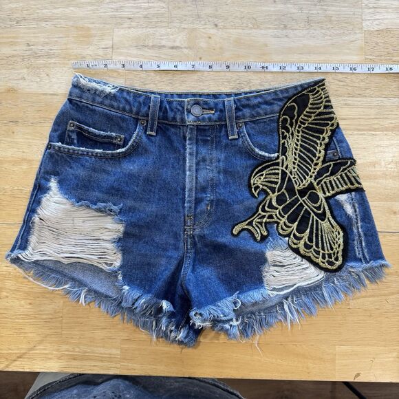 Carmar Denim Jeans Shorts 27 Blue Distressed Eagle Patch Frayed High Rise Y2k - Picture 6 of 13